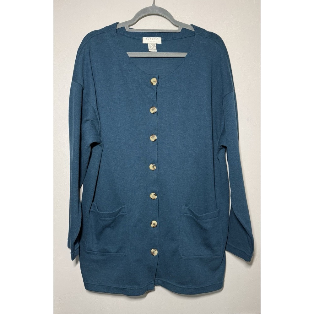 Vintage Express Tricot Oversized Button Up Cardigan Women's Size M Teal 90's